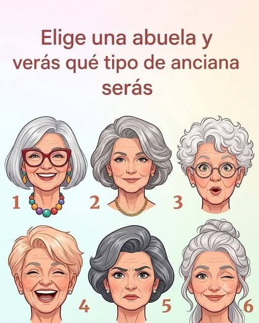 Nos guste o no, todos nos transformamos al envejecer, desarrollando rasgos únicos que definen nuestra edad dorada.  Esta divertida imagen  te reta a elegir una abuela y descubrir en qué tipo de mujer mayor podrías convertirte.Familia  Gentey sociedad Entonces, ¿cuál representa tu yo del futuro? ¡Descubrámoslo!  1. La abuela atrevida y juguetona  Si elegiste a la abuela número 1, ¡seguro serás el alma de la fiesta! Tienes un espíritu joven que nunca se apaga, sin importar cuántas velas haya en tu   pastel de  cumpleaños. Prepárate para ser la abuela que hace chistes en las reuniones familiares, disfruta de la tecnología y quizás incluso tiene una cuenta de TikTok genial. Serás el tipo de persona mayor que sorprende a todos con tu actitud enérgica y divertida ante la vida.Asistencia a ancianos  2. La abuela dulce y cariñosa  La abuela n.° 2 personifica la calidez y la bondad. Si esta es tu elección, serás la abuela que hornea  galletas, ofrece consejos sabios y siempre tiene un corazón abierto para sus seres queridos. Crees en el poder de los abrazos y la  comida casera, y tu hogar siempre se sentirá como un refugio para familiares y amigos.   Leer más en la siguiente página…